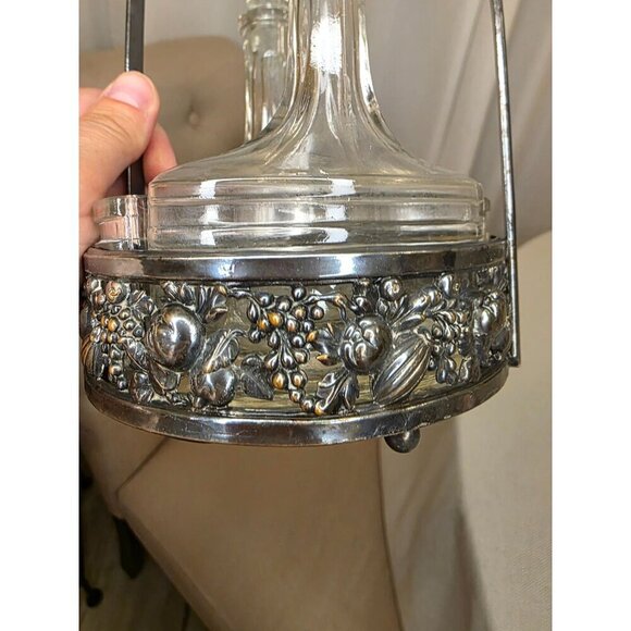 Vintage Ornate Silver Plate Glass Cruet Set With Decorative Handle & Fruit Motif - Picture 4 of 15